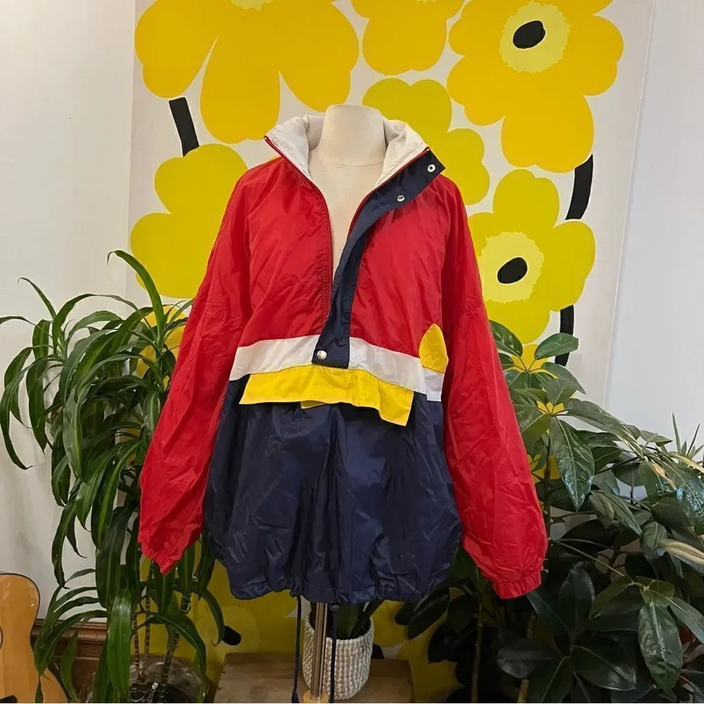 Rad Retro Italian Vintage 1990s Primary Colorblock Winbreaker Pillover Jacket